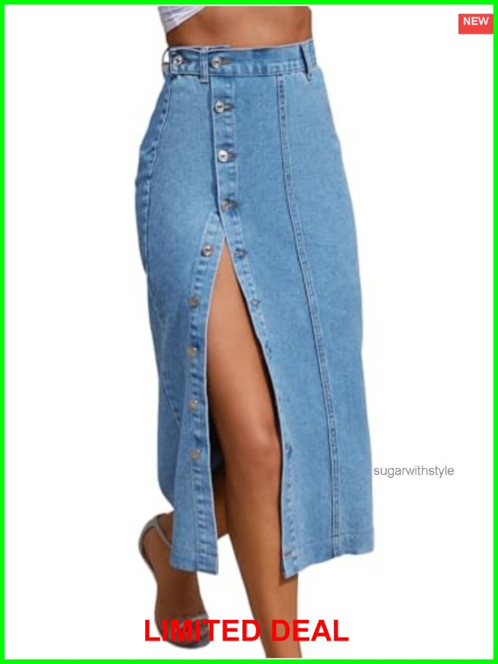High Waisted Denim Skirt Button Front Slit Midi